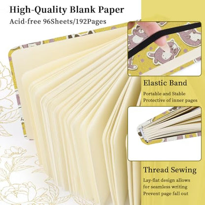 E-WEICHEN Square 4.8x4.8 inches 80gsm 96sheets/192 Pages Notebooks Blank Sketchbooks Travel Journal Pocket Hardcover Paint Writing Diary Memo Planner Cloth Cover. Yellow Cat - color: Cloth Cover-4.8x4.8in-Yellow Cat