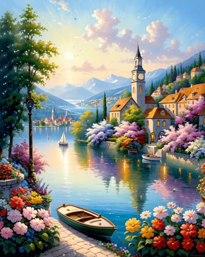 Paint by Numbers Kit for Adults Beginner,Scenery Paint by Numbers, Coastal Town DIY Oil Painting, Adult Paint by Number Kits on Canvas, Without Frame Paint by Number on Canvas for Gift Home Wall Decor - color: OP-WZWP-QF5F