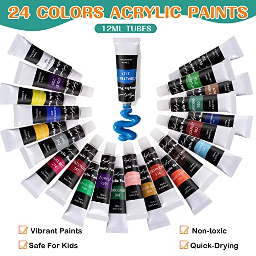 koseibal Acrylic Art Set with 24 Acrylic Paints, 8 DIY Wooden Stencils 5 Canvas Panels 8 Brushes, Table Easel, Etc, Painting Supplies Kit for Kids Students Artists and Beginner - color: 24 acrylic paints
