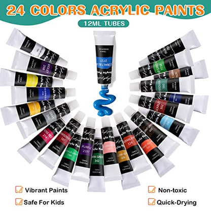 koseibal Acrylic Art Set with 24 Acrylic Paints, 8 DIY Wooden Stencils 5 Canvas Panels 8 Brushes, Table Easel, Etc, Painting Supplies Kit for Kids Students Artists and Beginner - color: 24 acrylic paints