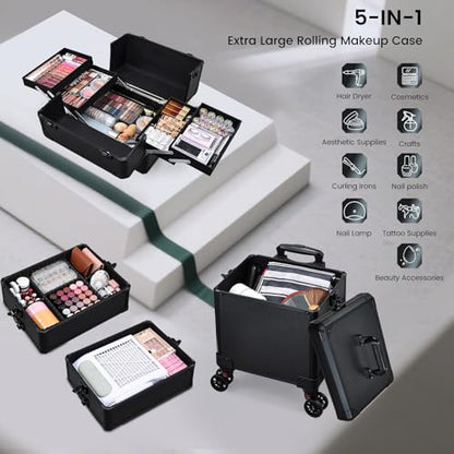 Rolling Makeup Case Makeup Train Case with Lid 5 in 1 Cosmetology Case on Wheels Cosmetic Trolley Organizer Large Makeup Organizers Case Profesional Cosmetic Case for Salon Barber Nail Beauty, Black - color: Black