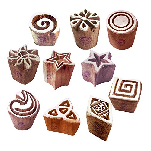 Clay Print Stamps Artistic Small Floral Star Pattern Wood Blocks (Set of 10) - color: Htag2117