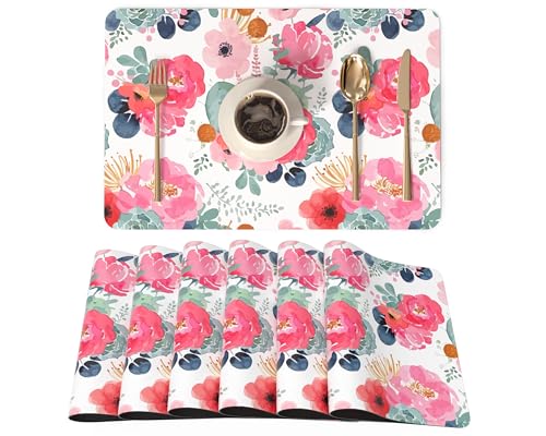 QIYI Placemats Set of 6, 12x18 Inch Faux Leather Place Mats for Kitchen Dinning, Heat Resistant Anti Slip Floral Table Mats, Waterproof Washable Placemat Party Table Décor, Watercolor Pink Flowers - color: Watercolor Pink Flowers, size: Set of 6