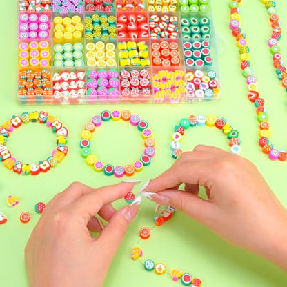 Gionlion Fruit Polymer Clay Beads Bracelet Making Kit, Colorful Clay Beads with Lemon, Strawberry, Avocado, and Watermelon Designs for DIY Jewelry, Bracelet & Necklace Making Crafts - style: Fruit
