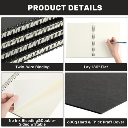Gueevin 2 Pack Hardbound Spiral Sketch Books Bulk Bound Sketchbooks Blank Notebook 100gsm 7.5" x 10" 60 Sheets Drawing Art Paper for Artist Adult Art Supplies Pencil Pastel (Black)
