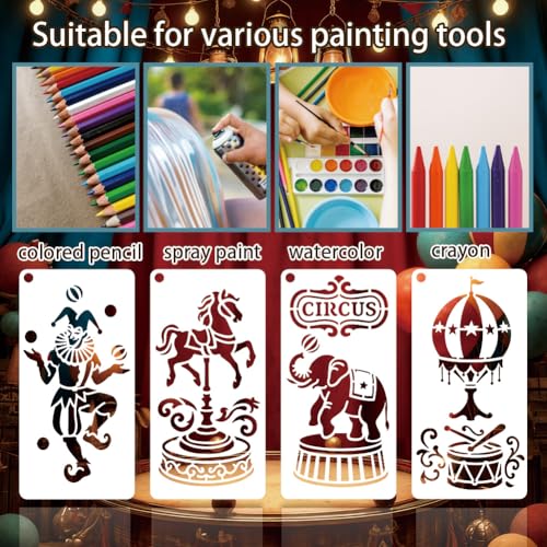 12 Sheets Adventure Circus Stencils for Painting, 12 Styles Plastic Joker Carousel Horse Drawing Template Circus Carnival Art Templates for Painting on Wall Wood Home Decor - style: Adventure Circus