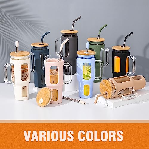 WINSA Glass Tumbler with Lid and Straw, 46 oz Iced Coffee Cup with Handle, Large Water Bottles with Silicone Sleeve, Glass Cup with Straws - Pearl Straw & Drinking Straw BPA Free-Grey - color: Gray, size: 46 Ounces