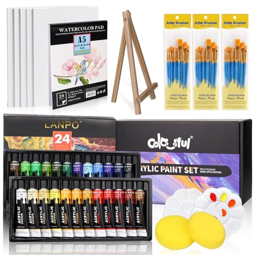 Colorful Acrylic Painting Kit - Paint Supplies Set with 24 Colors, 30 Brushes, 5 Canvases, 1 Pad, 2 Palette, 2 Sponge & 1 Wood Easel - Art Acrylic Paint Set for Beginners, Kids, Adults - color: 75PCS+24Colors/12 ml