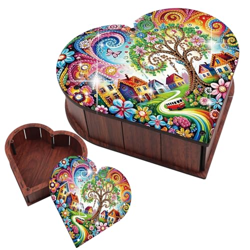 JZHYOAN Tree House Diamond Painting Storage Box Kit DIY Special Shape Heart-Shape Wooden Diamond Art Decorative Box Jewelry Organizer Case Desktop Decor for Valentine's Day Gift - color: Green tree