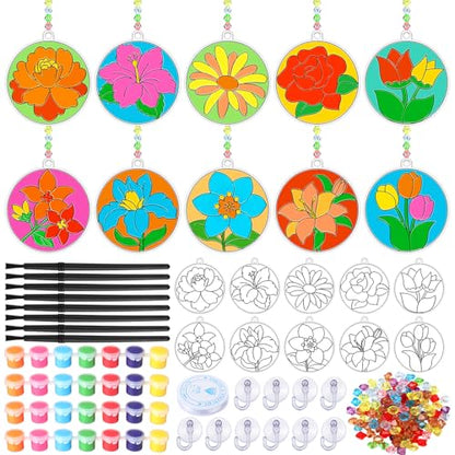 WinnerWhy 30 Sets Spring Flower Suncatchers Window Art Kits, Mother's Day Floral DIY Sun Catchers Crafts Paint Your Own Window Ornaments for Adult Home Birthday Activity Party Decor - style: Floral Style