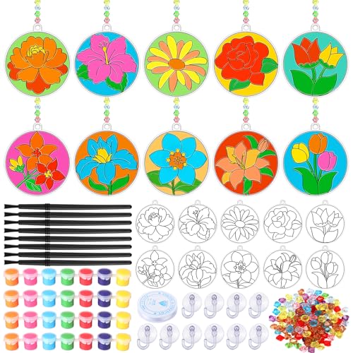 WinnerWhy 30 Sets Spring Flower Suncatchers Window Art Kits, Mother's Day Floral DIY Sun Catchers Crafts Paint Your Own Window Ornaments for Adult Home Birthday Activity Party Decor - style: Floral Style