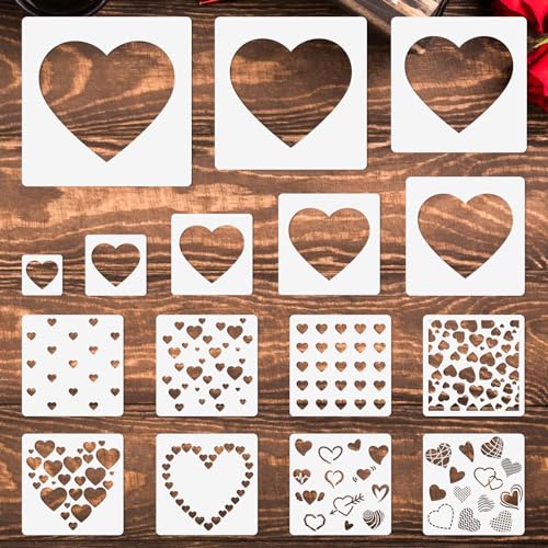 JarThenaAMCS 16Pcs Heart Shaped Stencils Assorted Stencils Reusable Love Heart Plastic Drawing Painting Template for Mother's Day Valentine's Day DIY Art Craft Painting on Wood - style: Heart