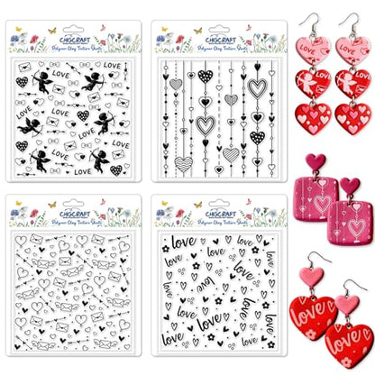 CHGCRAFT 4 Pcs Valentine's Day Love Heart Cupid Polymer Clay Texture Sheet Mail Silicone Clay Texture Mat for Polymer Clays Making Earrings Jewelry DIY Crafts 5.5 × 5.5 Inch - style: Love Heart