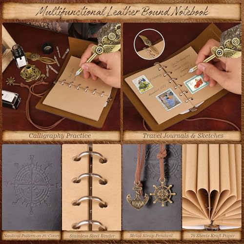 Quill Pen and Ink Set,Calligraphy Pen Set for beginners,Feather Pen Set with Leather Notebook,Pen Holder,5 Replaceable Nibs,Bookmark,Letter Writing Kit & Wax Seal Stamp Kit-Calligraphy Pens Gift Set