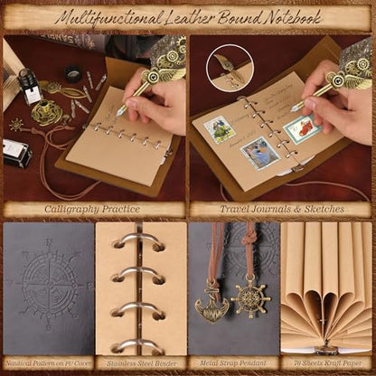 Quill Pen and Ink Set,Calligraphy Pen Set for beginners,Feather Pen Set with Leather Notebook,Pen Holder,5 Replaceable Nibs,Bookmark,Letter Writing Kit & Wax Seal Stamp Kit-Calligraphy Pens Gift Set