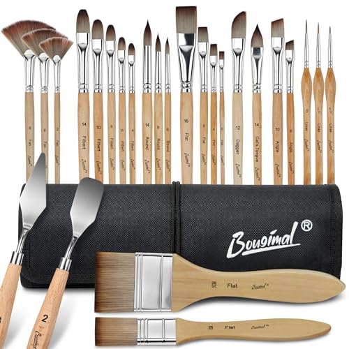 Bougimal 26pcs Paint Brush Set, Professional Acrylic Paint Brushes with Flat, Filbert, Fan, Dagger, Cat Tongue, Round, Palette Knife, Artist Paint Brushes for Acrylic Painting, Oil, Watercolor (Wood) - color: Wooden