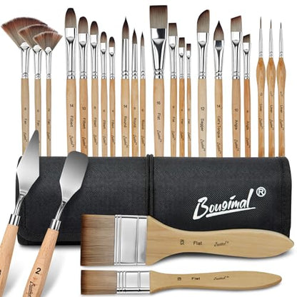 Bougimal 26pcs Paint Brush Set, Professional Acrylic Paint Brushes with Flat, Filbert, Fan, Dagger, Cat Tongue, Round, Palette Knife, Artist Paint Brushes for Acrylic Painting, Oil, Watercolor (Wood) - color: Wooden