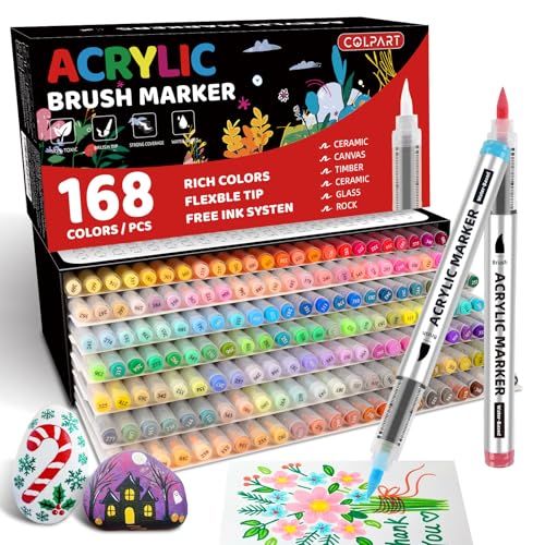 colpart 168 Color Acrylic Paint Markers，Brush Tip Acrylic Paint Pens for Rock Painting,Ceramic,Easter Decorations,Wood, Canvas,Glass,Easter Eggs,Stone,Fabric,Card Making,DIY & Art Supplies - style: Auto Ink(168 Color)