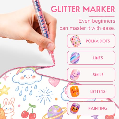12 Colors Glitter Nail Art Pens Set, 3D Gel Nail Polish Pens Nail Art Drawing Pen Quick Dry Waterproof Nail Art Painting Pens kit for Home DIY Nail Art Design (SET A) - color: SET A