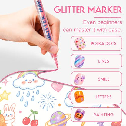 12 Colors Glitter Nail Art Pens Set, 3D Gel Nail Polish Pens Nail Art Drawing Pen Quick Dry Waterproof Nail Art Painting Pens kit for Home DIY Nail Art Design (SET A) - color: SET A