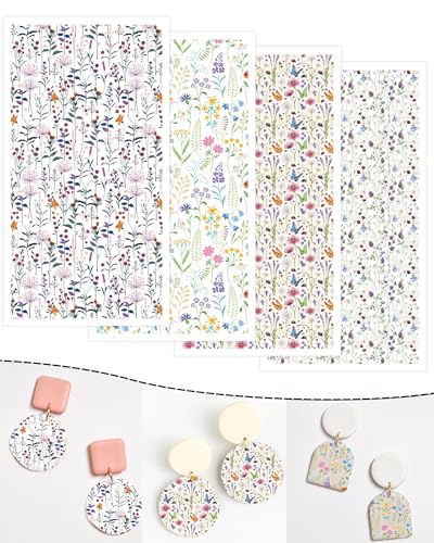 Puocaon Wildflower Clay Transfer Paper - 4 Design Flower Polymer Clay Transfer Sheets for Earrings Jewelry, Lavender Floral Transfer Paper for Polymer Clay Earrings - color: wildflower
