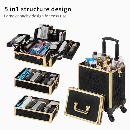 Somduy Rolling Makeup Case, Makeup Train Case with Lid, 5 in 1 Cosmetology Case on Wheels, Christmas Gift, Large Makeup Organizers, Profesional Cosmetic Case for Salon Barber, Pattern Black Gold - color: Black Gold