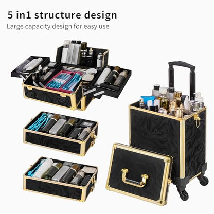 Somduy Rolling Makeup Case, Makeup Train Case with Lid, 5 in 1 Cosmetology Case on Wheels, Christmas Gift, Large Makeup Organizers, Profesional Cosmetic Case for Salon Barber, Pattern Black Gold - color: Black Gold