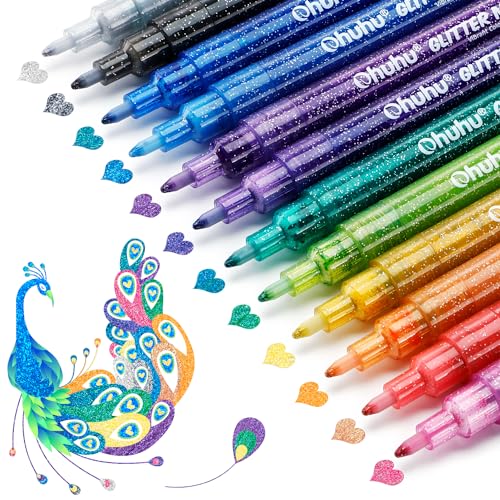 Ohuhu Glitter Markers Pen: 12 Glitter Colors Metallic Shimmer Marker Fine Tip Water-based Ink for Kids Adults DIY Crafts Greeting Birthday Cards Making Mugs Wood- AP Certificated - color: 12 Colors, size: Extra Fine Tip 0.7mm