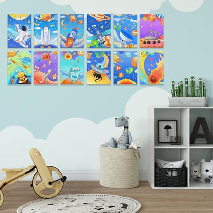 12 Packs Pre Drawn Canvas to Paint, Space Party Favors Pre Printed Canvas, Pre Stretched Canvas Outline Painting Boards for Beginners, Party Favor (5" X 7") - style: Space