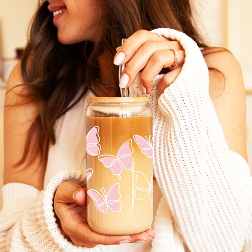 BIPEDS Butterfly Gifts for Women, Pink Cute Glass Cups with Lids and Straws, Aesthetic Iced Coffee Cup, Girly Preppy Design Tumbler Mug, Birthday Valentines Christmas, Teen Girl Gifts Trendy Stuff - color: 08-Pink Butterly