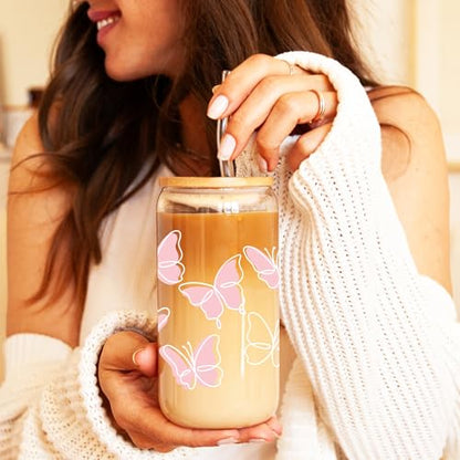 BIPEDS Butterfly Gifts for Women, Pink Cute Glass Cups with Lids and Straws, Aesthetic Iced Coffee Cup, Girly Preppy Design Tumbler Mug, Birthday Valentines Christmas, Teen Girl Gifts Trendy Stuff - color: 08-Pink Butterly