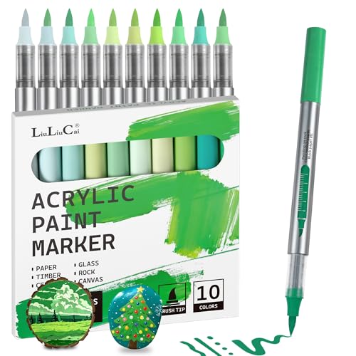 10 Pcs Green Tone Acrylic Paint Markers, Brush Tip Acrylic Paint Pens With Direct Liquid, Water Based Green Marker Pen for Christmas, Rock, Wood, Canvas, Glass, Fabric, Drawings & Botanical Art - color: 10 Green