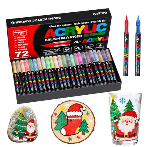 Acrylic Paint Markers Brush Tip, 72 Colors Water-Based Paint Pens, Smooth Ink Flow, Soft Flexible Tip, Quick-Dry Permanent Art Markers for Rock Wood Glass Ceramic Canvas DIY Crafts (72)