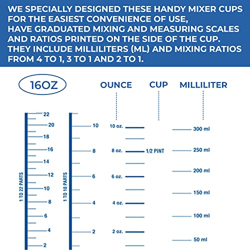 16 Oz Paint Mixing Cups - Bulk Pack of 100 Graduated Mix Cups - Use for Painting, Resin, Epoxy, Art, Kitchen, Cooking, Baking - Liquid Measuring Mixing Ratios ratios on Side