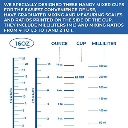 16 Oz Paint Mixing Cups - Bulk Pack of 100 Graduated Mix Cups - Use for Painting, Resin, Epoxy, Art, Kitchen, Cooking, Baking - Liquid Measuring Mixing Ratios ratios on Side