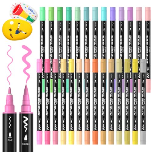 Shuttle Art 28 Pastel Colors Dual Tip Acrylic Paint Markers, Brush Tip and Fine Tip Acrylic Paint Pens for Rock, Ceramic, Wood, Canvas, Plastic, Glass, Stone, Calligraphy, Card, DIY Football Crafts - color: 28 Pastel Colors