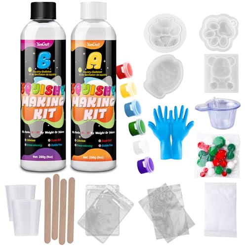 Liquid Silicone Taba Squishy Kit, 18oz 1:1 AB Ultra Soft Squishy Feel Fast Cure Silicone Rubber, Bubble-Free, 4 Moulds Cat Paw Hamster Bear Taiyaki, Flocking & Pom Poms, Ideal DIY Stress Relief Gift - color: 18oz