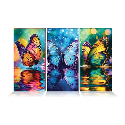 ArtSkills Diamond Painting Kit, Diamond Art Ready to Hang Framed Canvas with Storage and Accessory Kit, Enchanted Butterflies, 3 Stretched Canvas Panels, 14” x 7” Each - color: Enchanted Butterflies