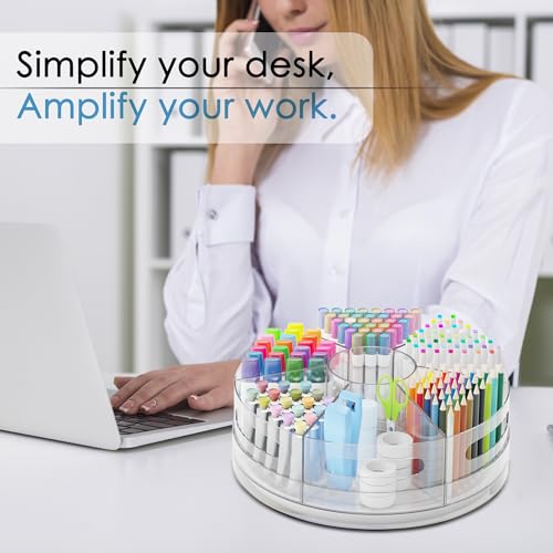 CraftGenes 2 Packs Pen Organizer for Desk - Acrylic Pen Holder with Hand Grips, 360° Extra Large Rotating Desk Organizer with 7 Removable Compartments for Office, Home, and Makeup Storage - size: 2 Packs