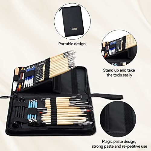 ISSEVE Pottery Clay Sculpting Tools 43Pcs Double Sided Ceramic Clay Carving Tool Set with Upgrade Stand-Up Design Carrying Case for Beginners Professionals School Student Pottery Modeling Smoothing - color: Black Upgrade Stand-up Bag
