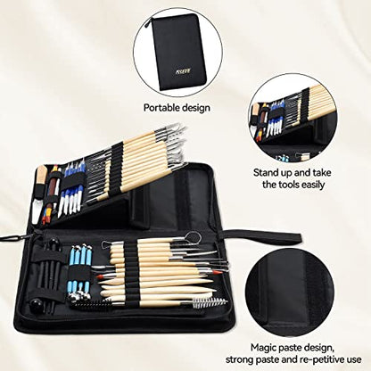 ISSEVE Pottery Clay Sculpting Tools 43Pcs Double Sided Ceramic Clay Carving Tool Set with Upgrade Stand-Up Design Carrying Case for Beginners Professionals School Student Pottery Modeling Smoothing - color: Black Upgrade Stand-up Bag