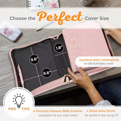 Christian Art Gifts Premium Vegan Leather Fashion Floral Bible Cover for Women: Strength & Dignity - Prov. 31:25 Inspirational Scripture Verse Carry Case w/Pockets & Pen Storage, Pink & Gold, Medium - size: Medium