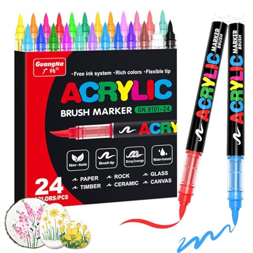Guangna Acrylic Paint Markers,24 Colors with Direct-Liquid Ink Control System, Professional-Grade Paint Pen for Rock Painting, Canvas, Glass, Plastic, Fabric & Creative Crafts - color: 24 Colors