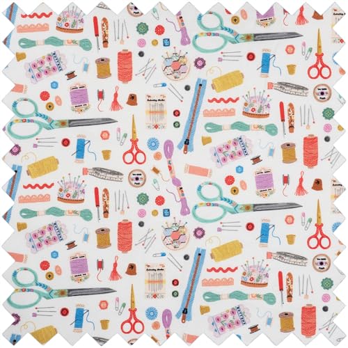 Hobby Gift Medium Sewing Box Organiser, Fabric Covered Storage Box with Handle, Internal Tray, Pin Cushion and Pocket for Sewing, Quilting and Knitting Supplies - color: Haby Notions