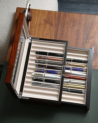 Pen Display Case with 24 Slots - Fountain Pen Storage Organizer with Glass Window (Brown Ash Veneer Finish, Creamy-White Velvet) - color: brown 24 slots, white velvet