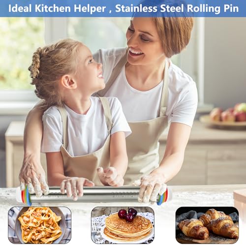 2 Pack Rolling Pin with a Silicone Baking Pastry Mat, Adjustable Rolling Pin with Thickness Rings, 17" Dough Roller for Baking Pizza, Pastry and Cookies, Kitchen Essential