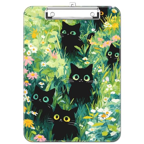 Plastic Cute Clipboard Low-Profile Metal Clip, A4 Letter Size 9 x 12.5 in, 8.5 x 11 Paper Clip Board for Teachers, Nurses, Classroom,Cute Black Cats - color: Cute Black Cats