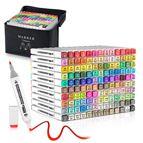 130 Colors Alcohol Markers Set, Professional Dual BrushTip Alcohol Based Marker Pens Tip & Chisel Perfect for Artists,Adults Coloring Drawing,Illustration,Painting,Sketching,Card Making & DIY Art