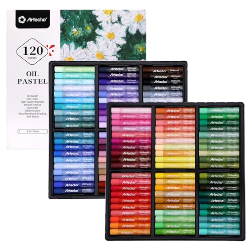 Artecho Oil Pastels Set of 120 Colors (10 x 70 mm) | Including 6 Neon Colors, Soft Oil Pastels, For Art Painting, Drawing, Blending, For Artists, Beginners, Students, Teachers - style: 120 Basic Colors