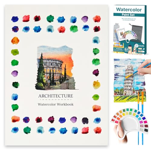 Watercolor Workbook & Water Coloring Book, 13 Pages 300GSM Paper, 26-Color Watercolor Paint Set with Brush & Storage Bag, Beginner-Friendly Coloring Book for Adults — Scenic Architecture Theme - color: Scenic Architecture